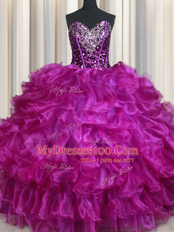 Modest Fuchsia Sleeveless Organza Lace Up Vestidos de Quinceanera for Sweet 16 and Quinceanera