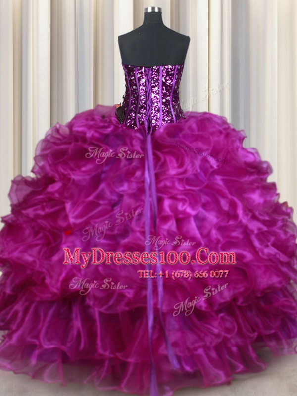 Modest Fuchsia Sleeveless Organza Lace Up Vestidos de Quinceanera for Sweet 16 and Quinceanera