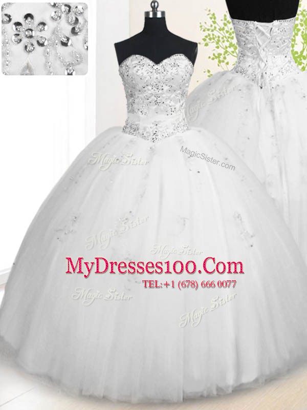 Sleeveless Tulle Floor Length Lace Up Sweet 16 Dress in White with Beading and Appliques