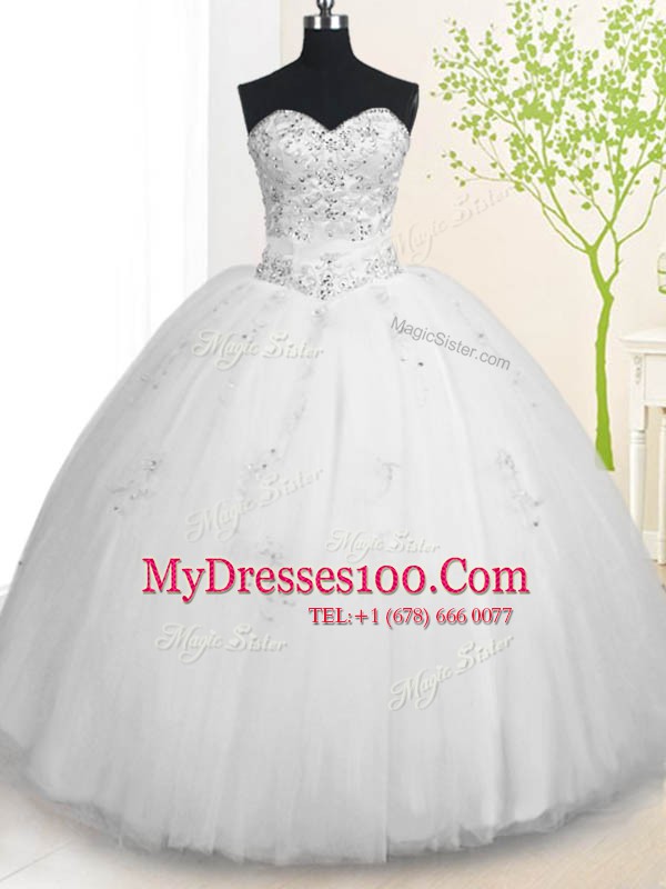 Sleeveless Tulle Floor Length Lace Up Sweet 16 Dress in White with Beading and Appliques