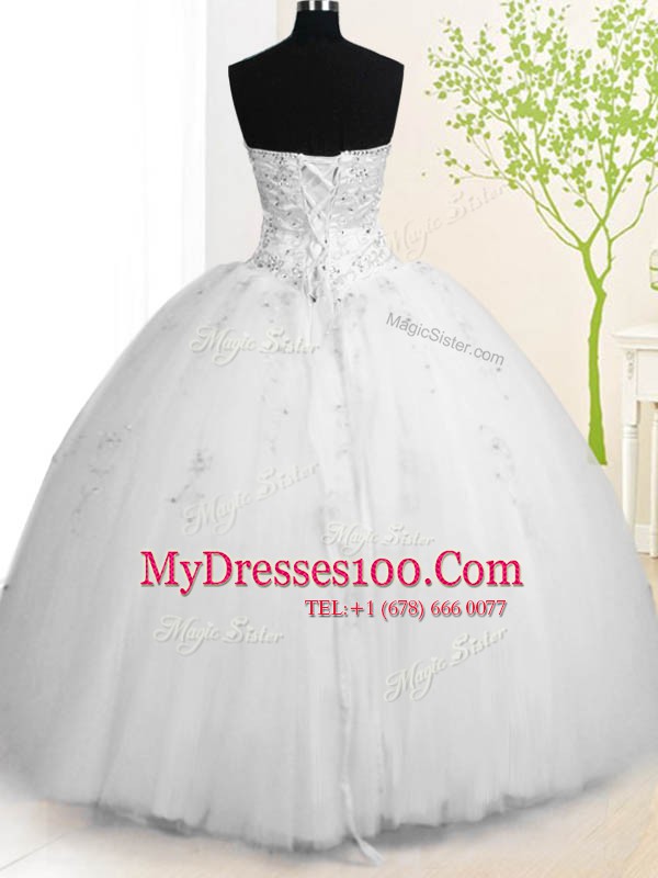 Sleeveless Tulle Floor Length Lace Up Sweet 16 Dress in White with Beading and Appliques