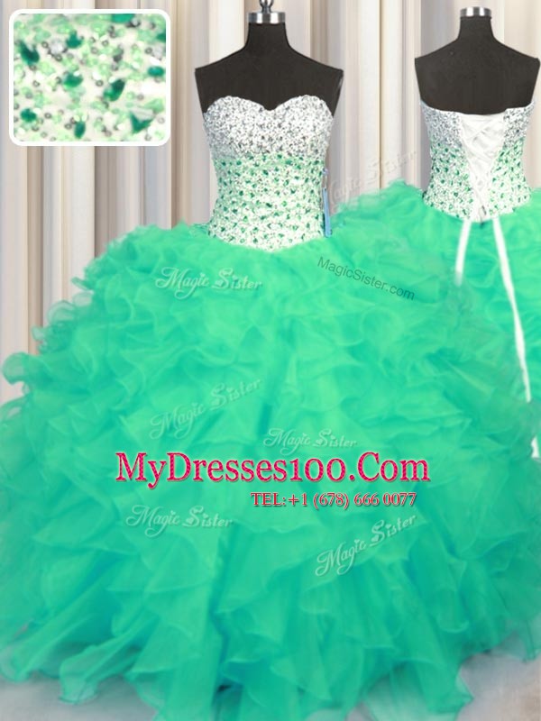 Fabulous Floor Length Lace Up Ball Gown Prom Dress Turquoise for Military Ball and Sweet 16 and Quinceanera with Beading and Ruffles
