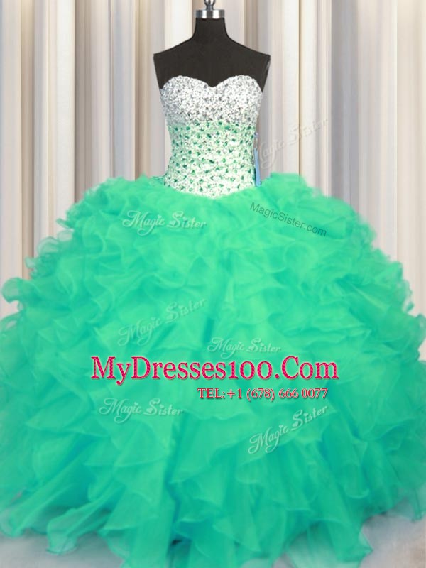 Fabulous Floor Length Lace Up Ball Gown Prom Dress Turquoise for Military Ball and Sweet 16 and Quinceanera with Beading and Ruffles