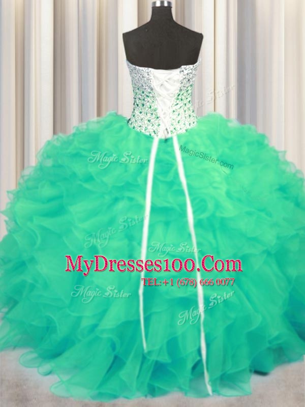 Fabulous Floor Length Lace Up Ball Gown Prom Dress Turquoise for Military Ball and Sweet 16 and Quinceanera with Beading and Ruffles