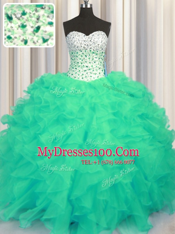 Fabulous Floor Length Lace Up Ball Gown Prom Dress Turquoise for Military Ball and Sweet 16 and Quinceanera with Beading and Ruffles