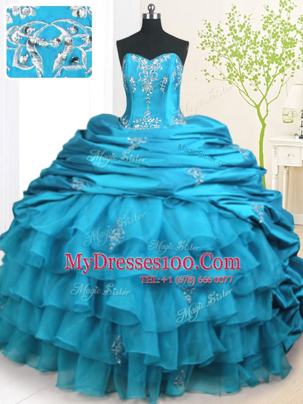 Colorful Teal Sleeveless With Train Beading and Appliques and Ruffled Layers and Pick Ups Lace Up Quinceanera Dress