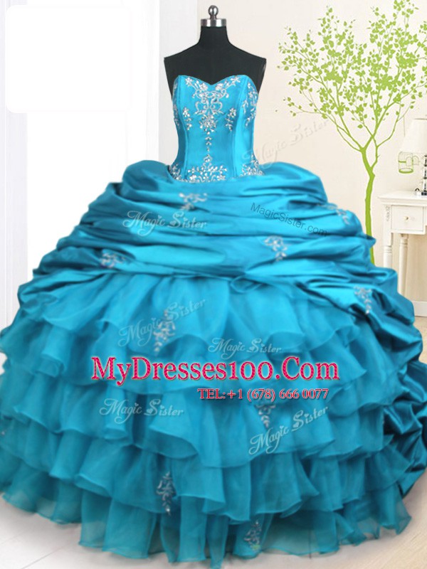 Colorful Teal Sleeveless With Train Beading and Appliques and Ruffled Layers and Pick Ups Lace Up Quinceanera Dress