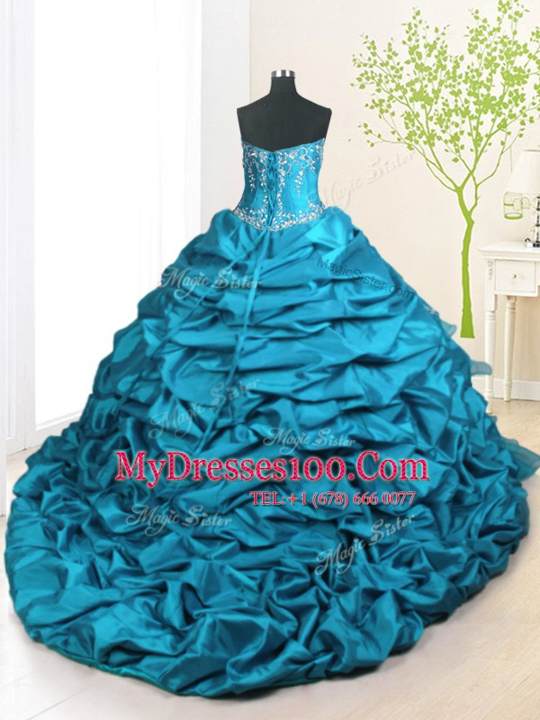 Colorful Teal Sleeveless With Train Beading and Appliques and Ruffled Layers and Pick Ups Lace Up Quinceanera Dress