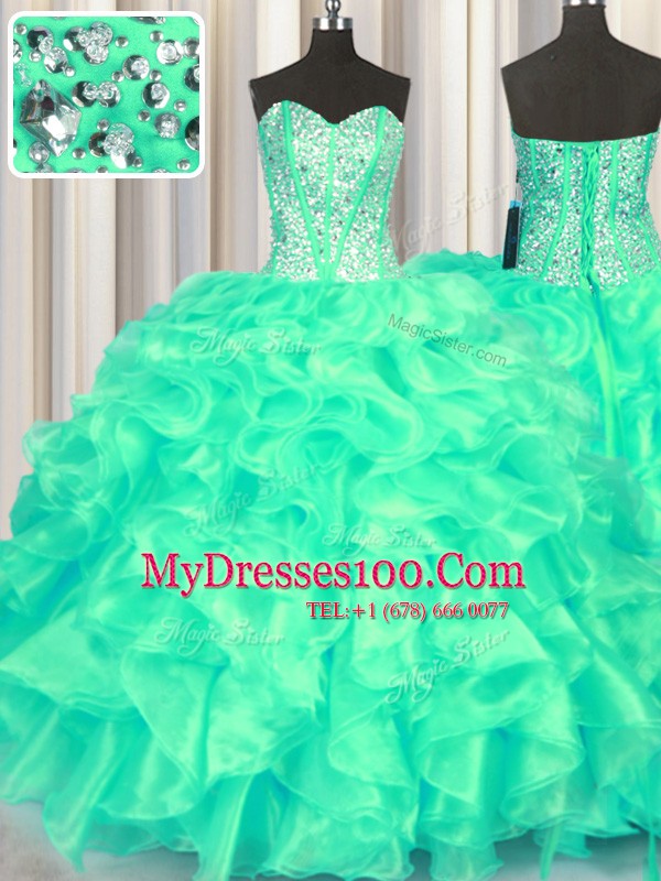 Turquoise Quinceanera Dresses Military Ball and Sweet 16 and Quinceanera and For with Beading and Ruffles Sweetheart Sleeveless Lace Up