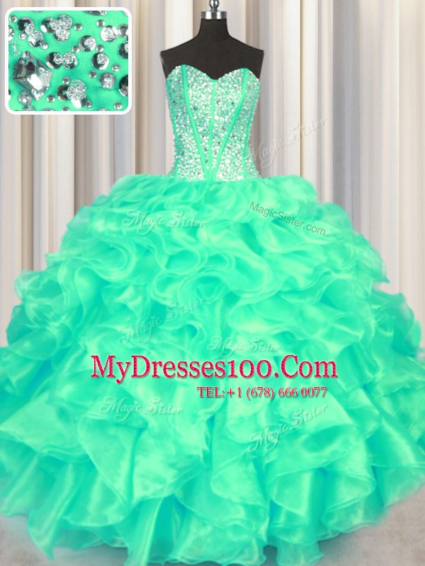 Turquoise Quinceanera Dresses Military Ball and Sweet 16 and Quinceanera and For with Beading and Ruffles Sweetheart Sleeveless Lace Up