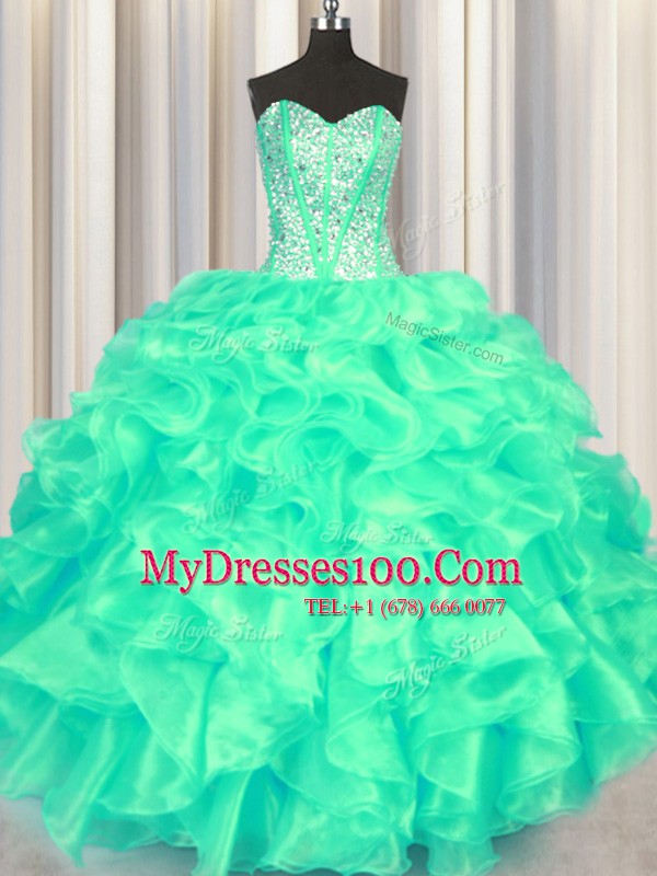 Turquoise Quinceanera Dresses Military Ball and Sweet 16 and Quinceanera and For with Beading and Ruffles Sweetheart Sleeveless Lace Up