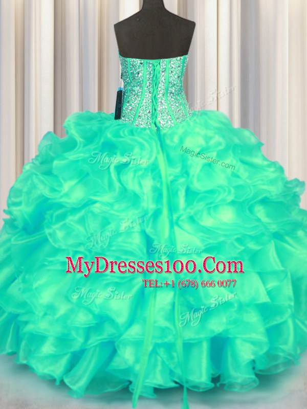 Turquoise Quinceanera Dresses Military Ball and Sweet 16 and Quinceanera and For with Beading and Ruffles Sweetheart Sleeveless Lace Up