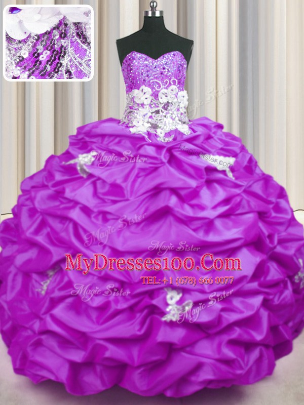 Lilac Taffeta Lace Up Sweetheart Sleeveless With Train Quinceanera Dress Brush Train Appliques and Sequins and Pick Ups