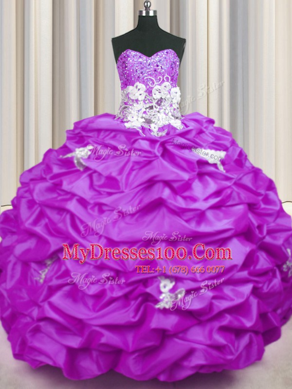 Lilac Taffeta Lace Up Sweetheart Sleeveless With Train Quinceanera Dress Brush Train Appliques and Sequins and Pick Ups