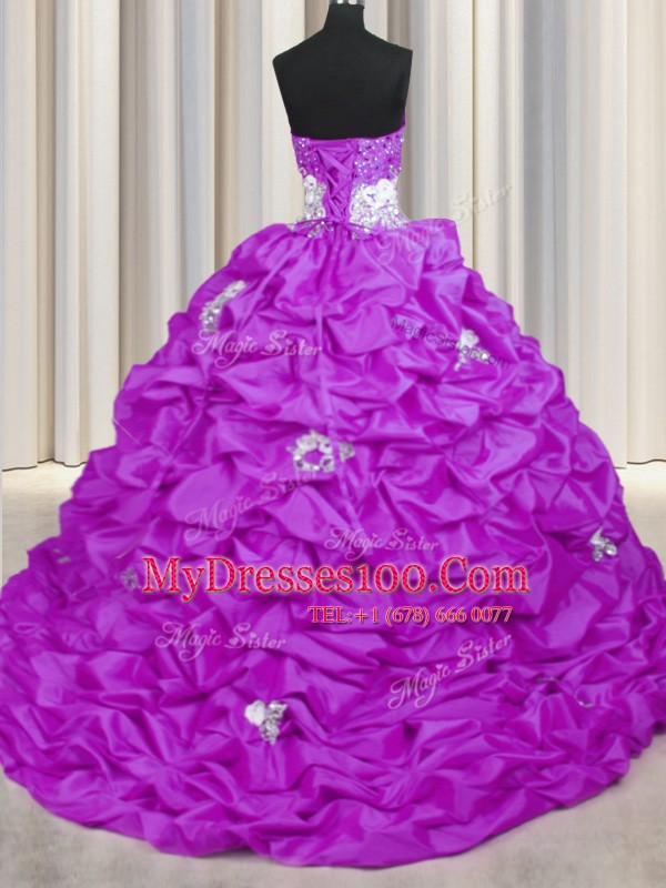 Lilac Taffeta Lace Up Sweetheart Sleeveless With Train Quinceanera Dress Brush Train Appliques and Sequins and Pick Ups
