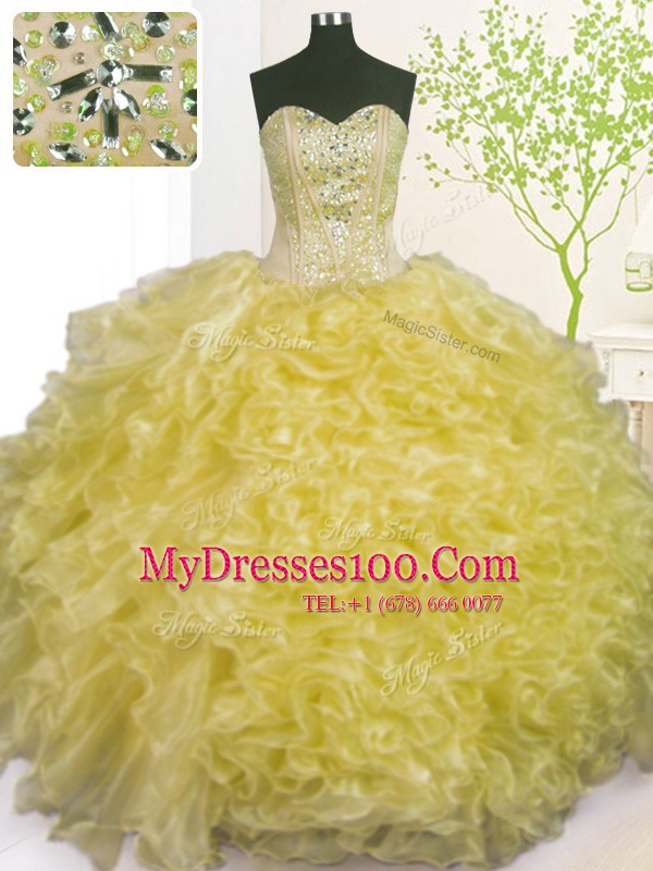 Sleeveless Floor Length Beading and Ruffles and Pick Ups Lace Up Quinceanera Dress with Light Yellow