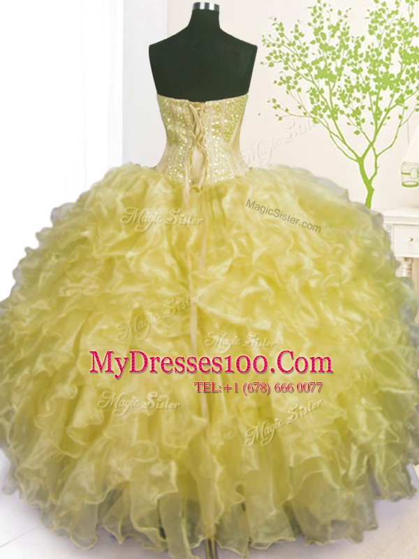 Sleeveless Floor Length Beading and Ruffles and Pick Ups Lace Up Quinceanera Dress with Light Yellow
