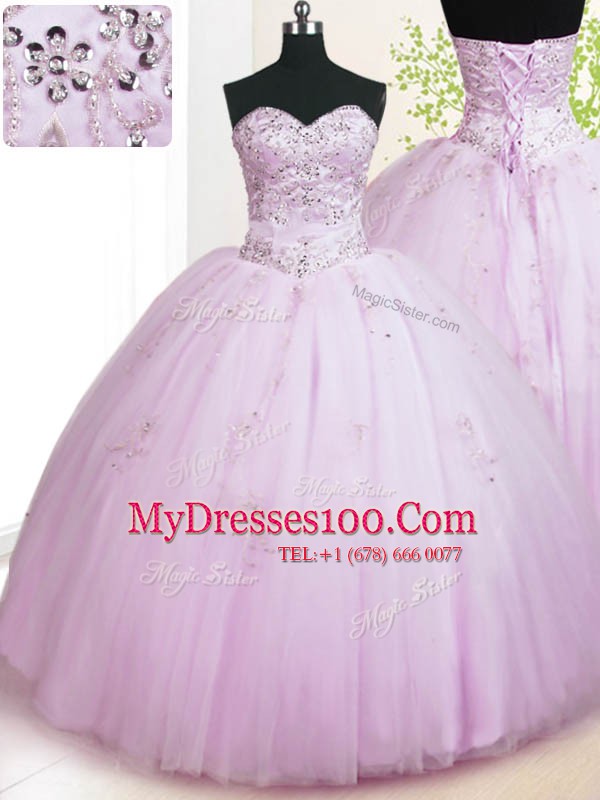 Artistic Floor Length Ball Gowns Sleeveless Lilac Quinceanera Gown Lace Up