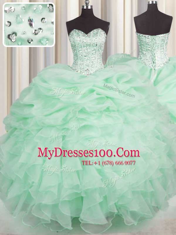 Romantic Floor Length Apple Green Quince Ball Gowns Organza Sleeveless Beading and Ruffles