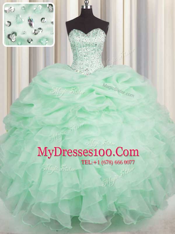 Romantic Floor Length Apple Green Quince Ball Gowns Organza Sleeveless Beading and Ruffles