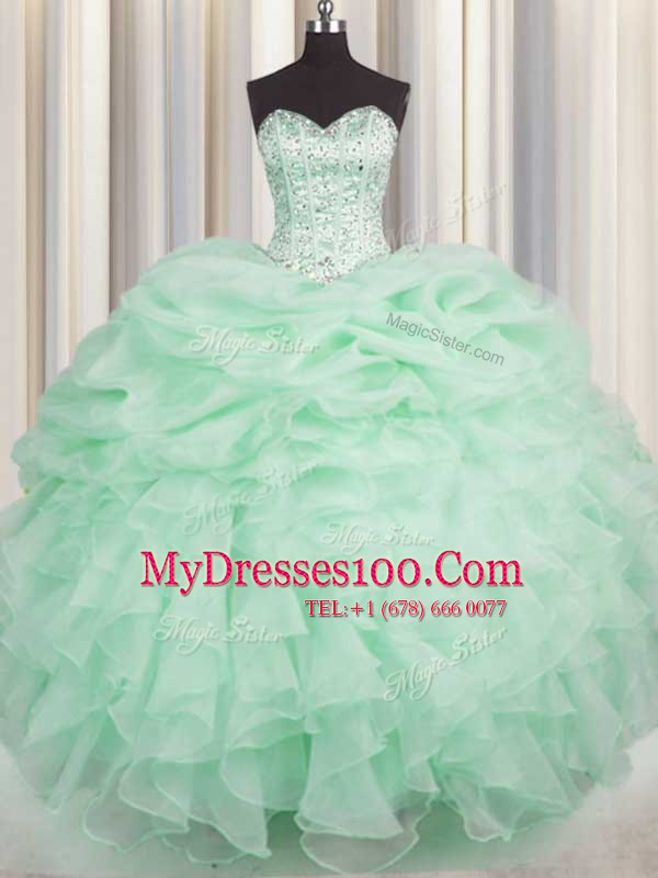 Romantic Floor Length Apple Green Quince Ball Gowns Organza Sleeveless Beading and Ruffles