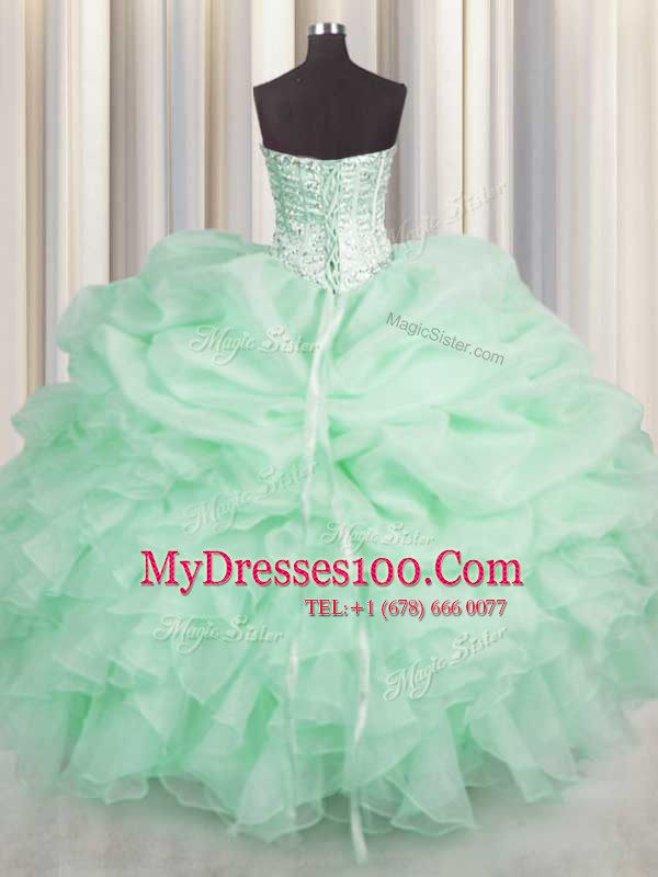 Romantic Floor Length Apple Green Quince Ball Gowns Organza Sleeveless Beading and Ruffles