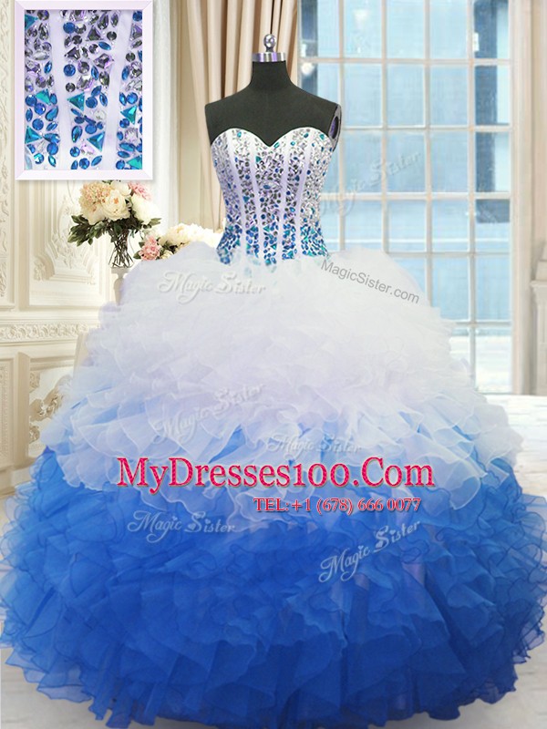 Ball Gowns Quinceanera Gown Blue And White Sweetheart Organza Sleeveless Floor Length Lace Up