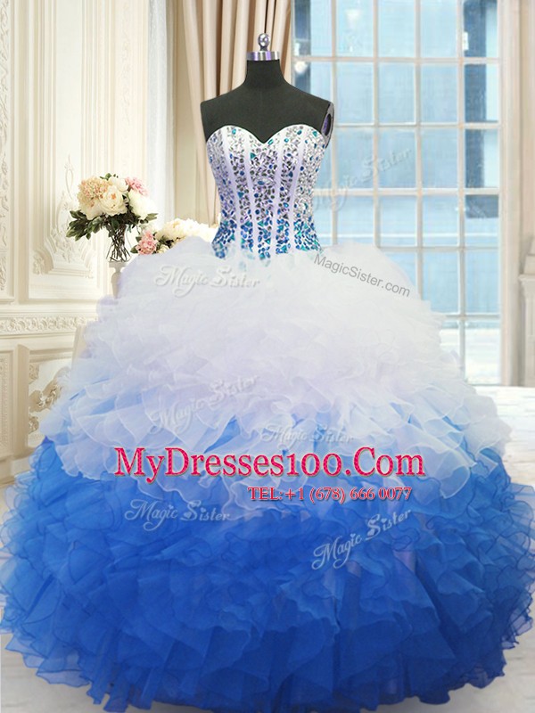 Ball Gowns Quinceanera Gown Blue And White Sweetheart Organza Sleeveless Floor Length Lace Up