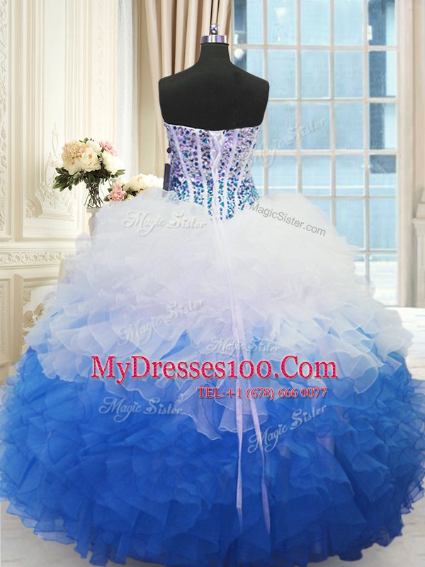 Ball Gowns Quinceanera Gown Blue And White Sweetheart Organza Sleeveless Floor Length Lace Up