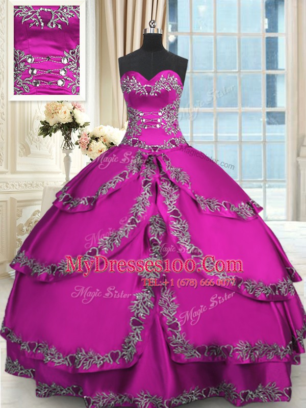 Fuchsia Sleeveless Floor Length Beading and Embroidery Lace Up Quince Ball Gowns