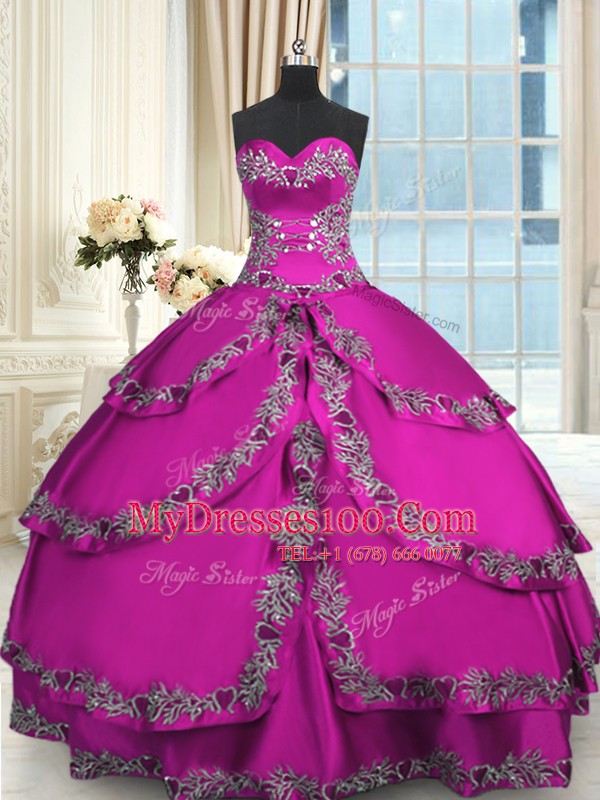 Fuchsia Sleeveless Floor Length Beading and Embroidery Lace Up Quince Ball Gowns