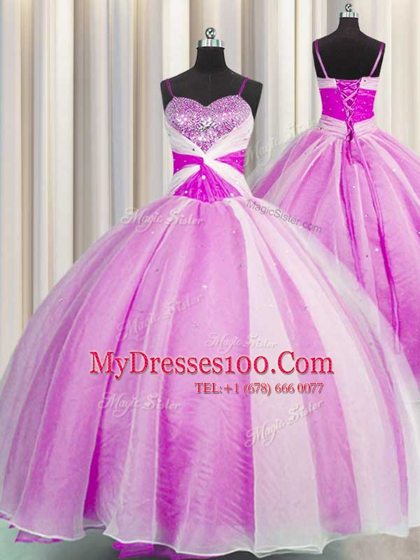 Exceptional Spaghetti Straps Fuchsia Sleeveless Floor Length Beading and Sequins and Ruching Lace Up Quinceanera Gown