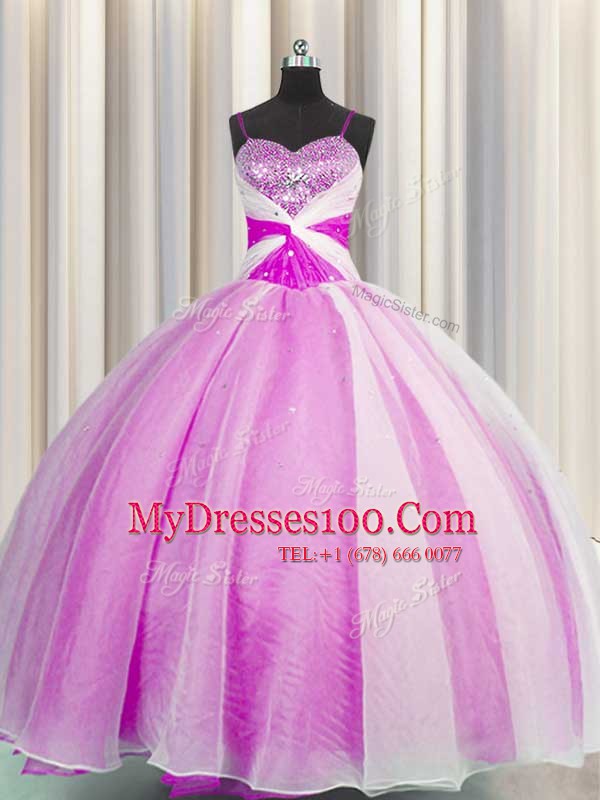 Exceptional Spaghetti Straps Fuchsia Sleeveless Floor Length Beading and Sequins and Ruching Lace Up Quinceanera Gown