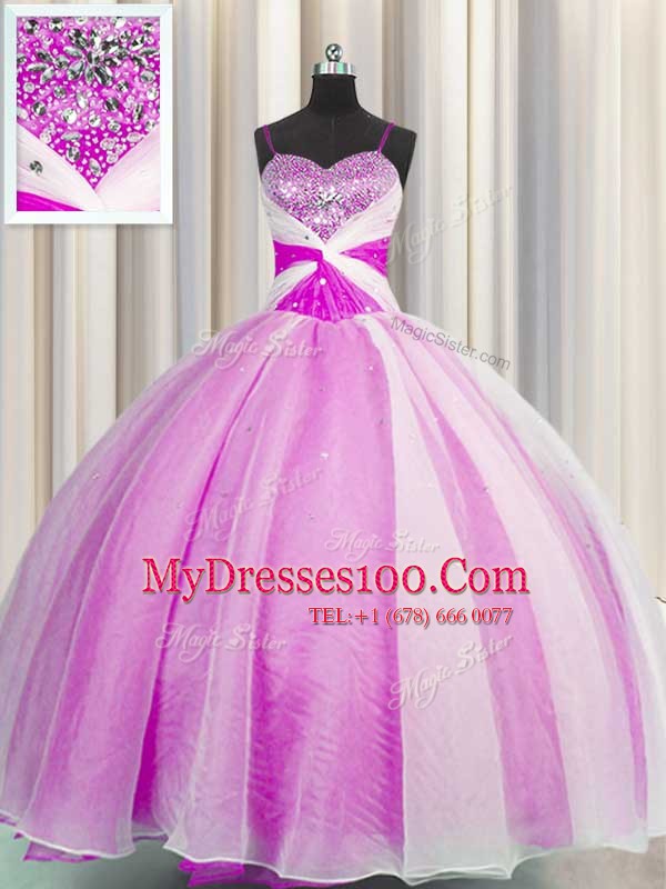 Exceptional Spaghetti Straps Fuchsia Sleeveless Floor Length Beading and Sequins and Ruching Lace Up Quinceanera Gown