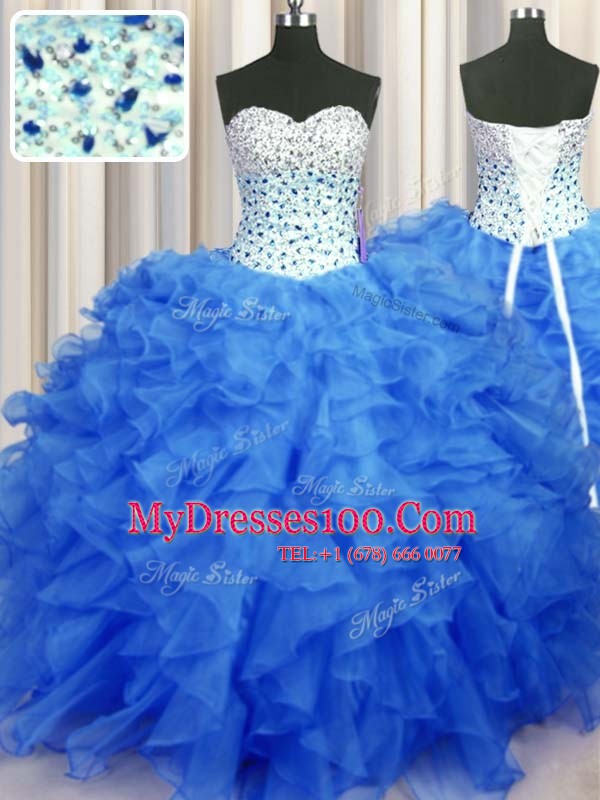 Blue Ball Gowns Beading and Ruffles Ball Gown Prom Dress Lace Up Organza Sleeveless Floor Length