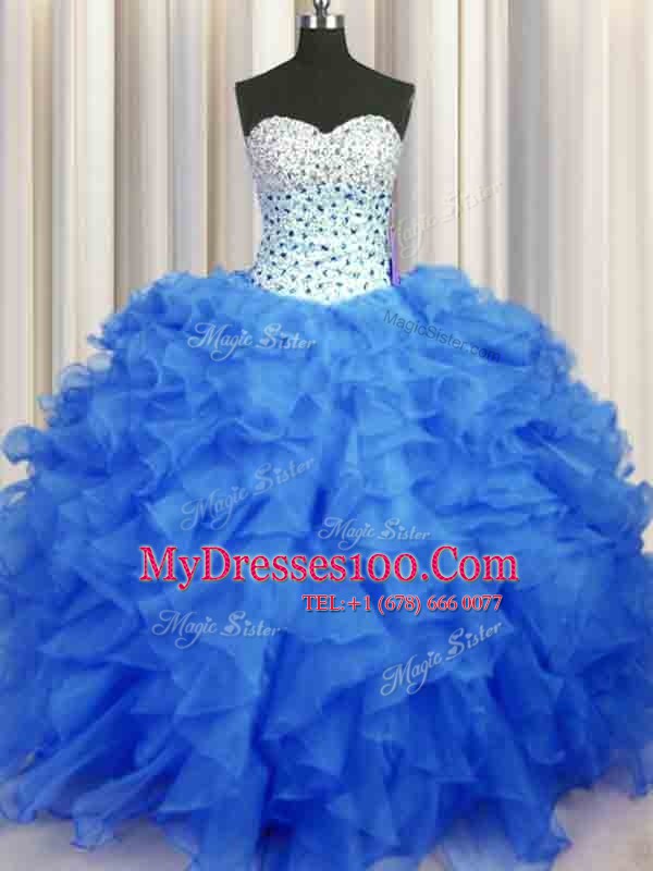 Blue Ball Gowns Beading and Ruffles Ball Gown Prom Dress Lace Up Organza Sleeveless Floor Length