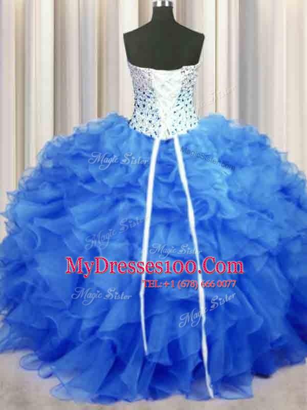 Blue Ball Gowns Beading and Ruffles Ball Gown Prom Dress Lace Up Organza Sleeveless Floor Length