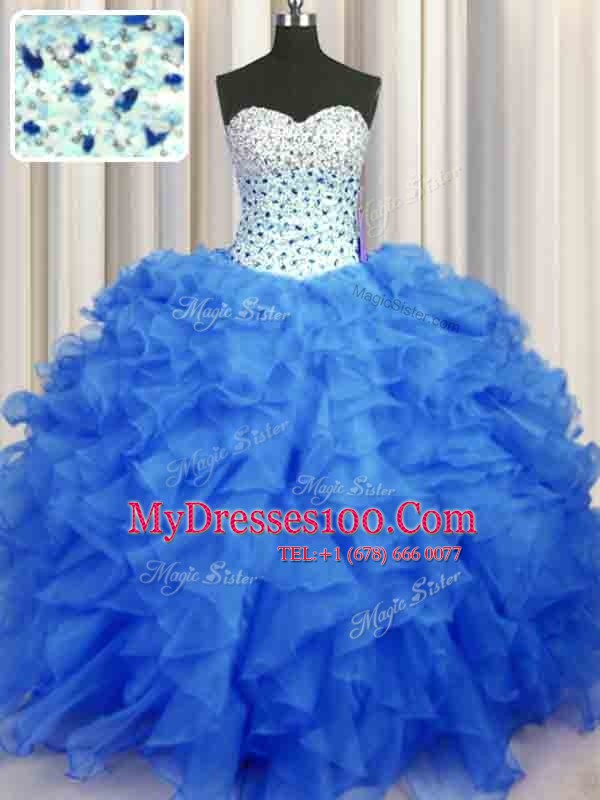 Blue Ball Gowns Beading and Ruffles Ball Gown Prom Dress Lace Up Organza Sleeveless Floor Length