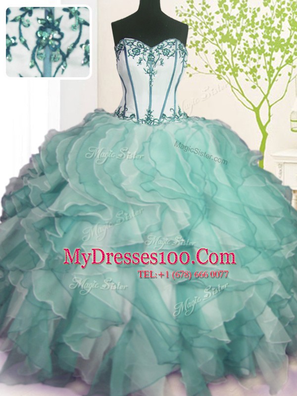 Graceful Green Sleeveless Floor Length Beading and Ruffles Lace Up Quince Ball Gowns