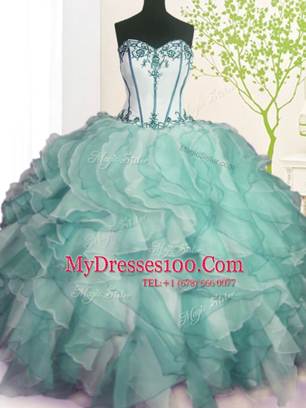 Graceful Green Sleeveless Floor Length Beading and Ruffles Lace Up Quince Ball Gowns