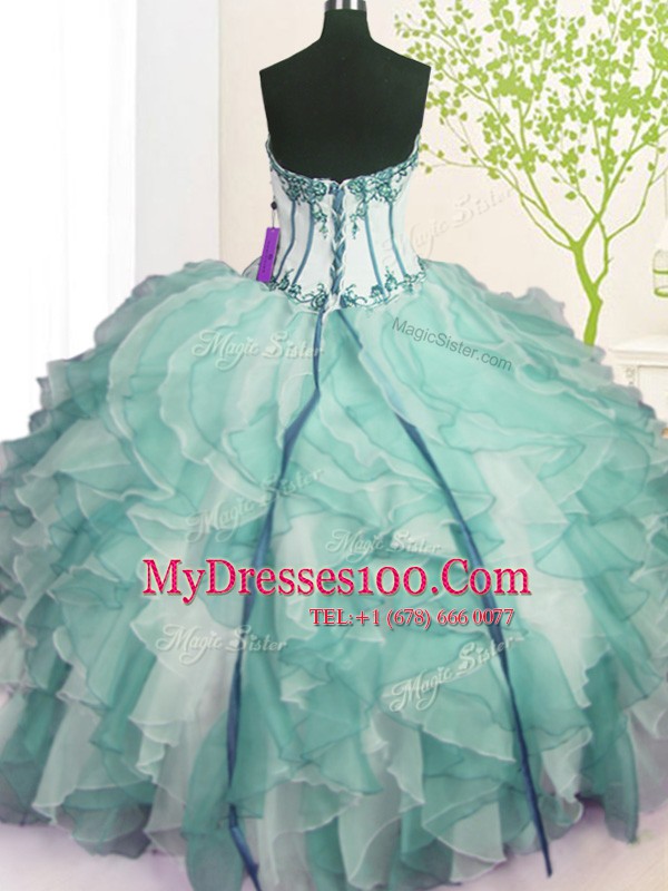 Graceful Green Sleeveless Floor Length Beading and Ruffles Lace Up Quince Ball Gowns