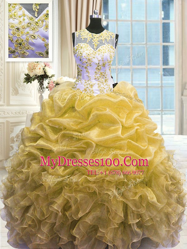 Gold Ball Gowns Scoop Sleeveless Organza Floor Length Zipper Beading and Ruffles Sweet 16 Dress
