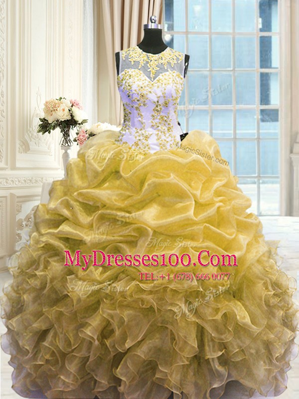 Gold Ball Gowns Scoop Sleeveless Organza Floor Length Zipper Beading and Ruffles Sweet 16 Dress