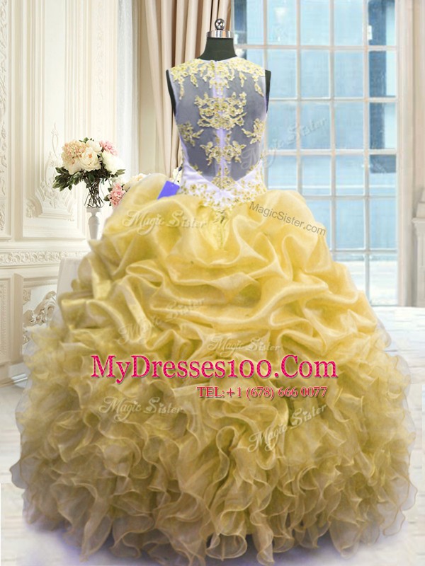 Gold Ball Gowns Scoop Sleeveless Organza Floor Length Zipper Beading and Ruffles Sweet 16 Dress