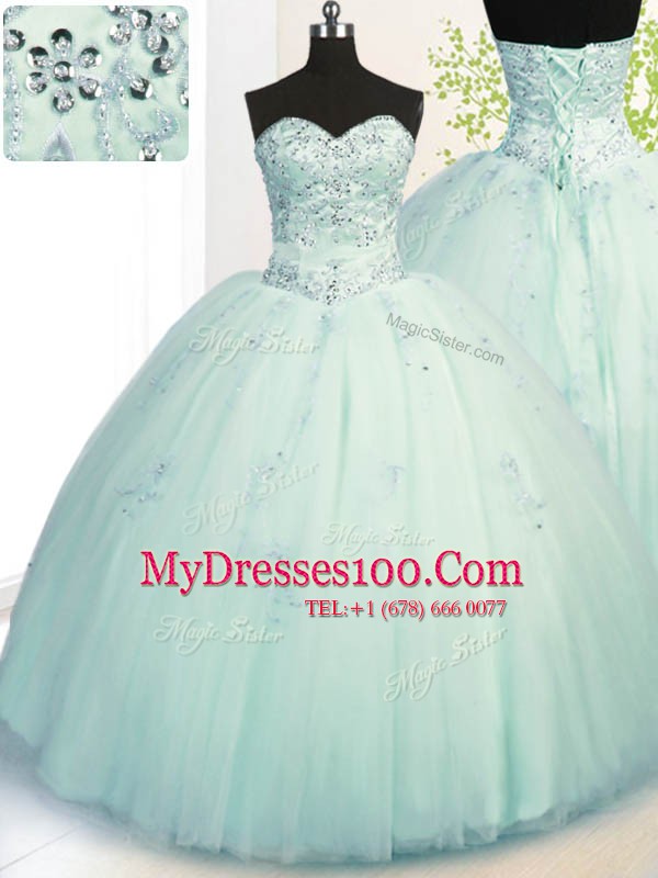 Apple Green Sweetheart Neckline Beading and Appliques 15 Quinceanera Dress Sleeveless Lace Up