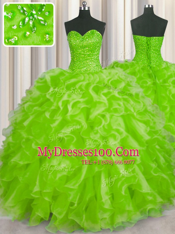 Latest Yellow Green Ball Gowns Beading and Ruffles Vestidos de Quinceanera Lace Up Organza Sleeveless Floor Length