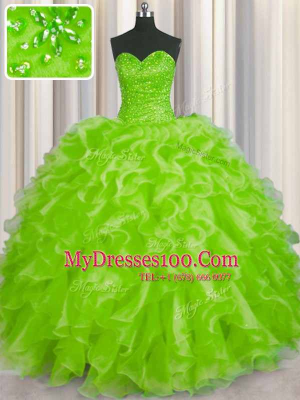Latest Yellow Green Ball Gowns Beading and Ruffles Vestidos de Quinceanera Lace Up Organza Sleeveless Floor Length