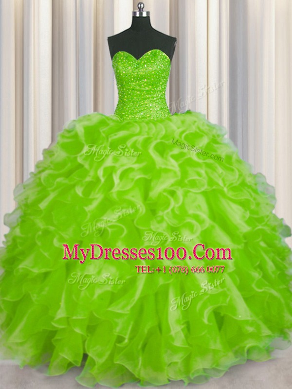 Latest Yellow Green Ball Gowns Beading and Ruffles Vestidos de Quinceanera Lace Up Organza Sleeveless Floor Length