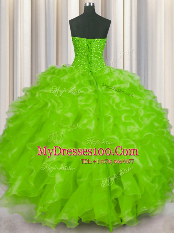 Latest Yellow Green Ball Gowns Beading and Ruffles Vestidos de Quinceanera Lace Up Organza Sleeveless Floor Length