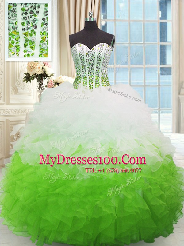 Inexpensive Sweetheart Sleeveless Organza Quince Ball Gowns Beading and Ruffles Lace Up